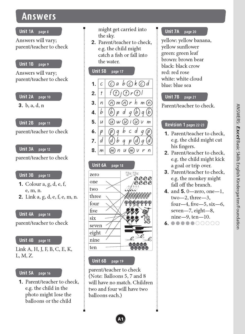 Sample inside page preview from the Excel Basic Skills English Kindergarten/Foundation workbook as shown in the publisher gallery