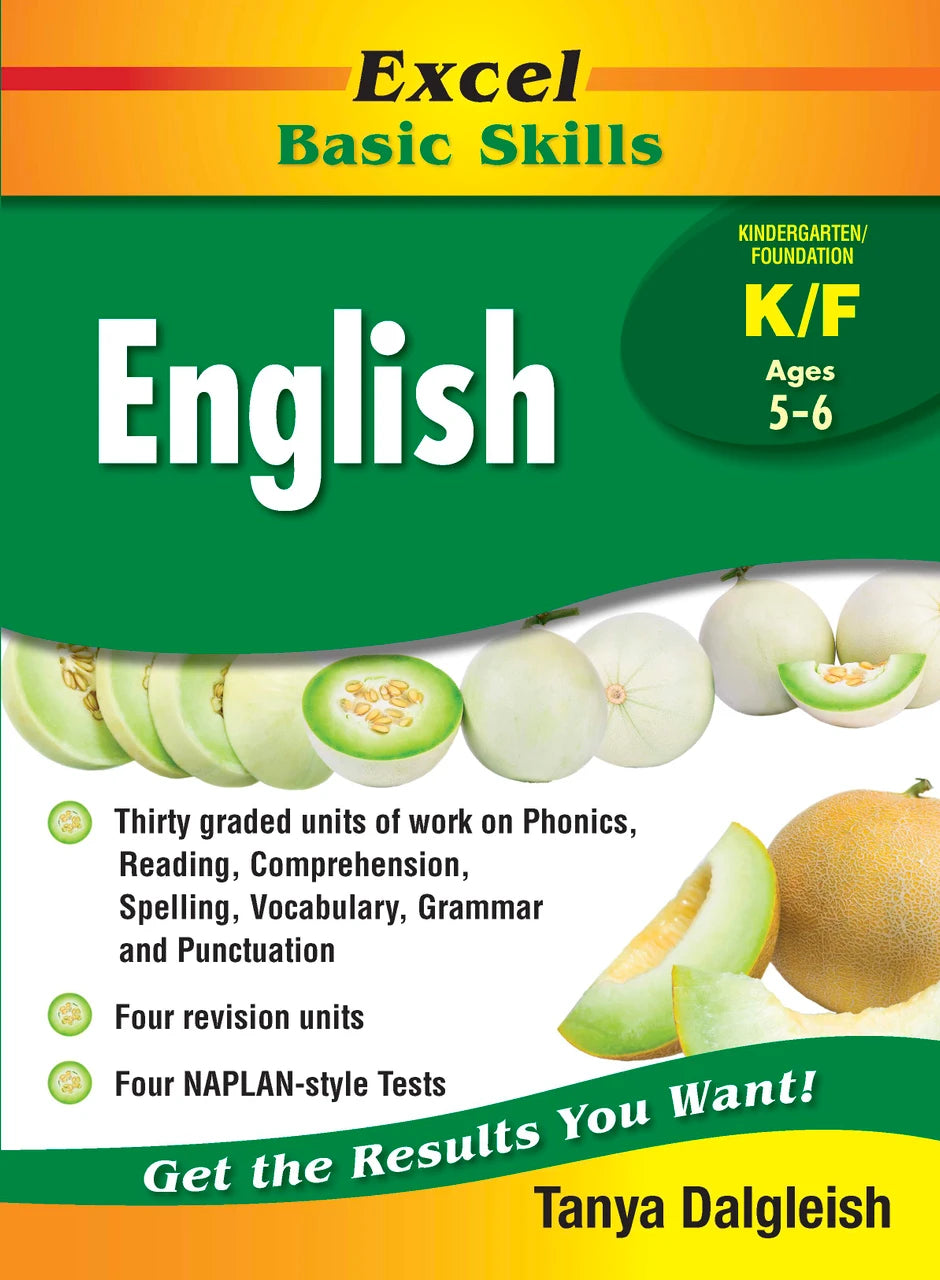 Front cover of the Excel Basic Skills English Kindergarten/Foundation workbook by Pascal Press, the main image in the publisher gallery
