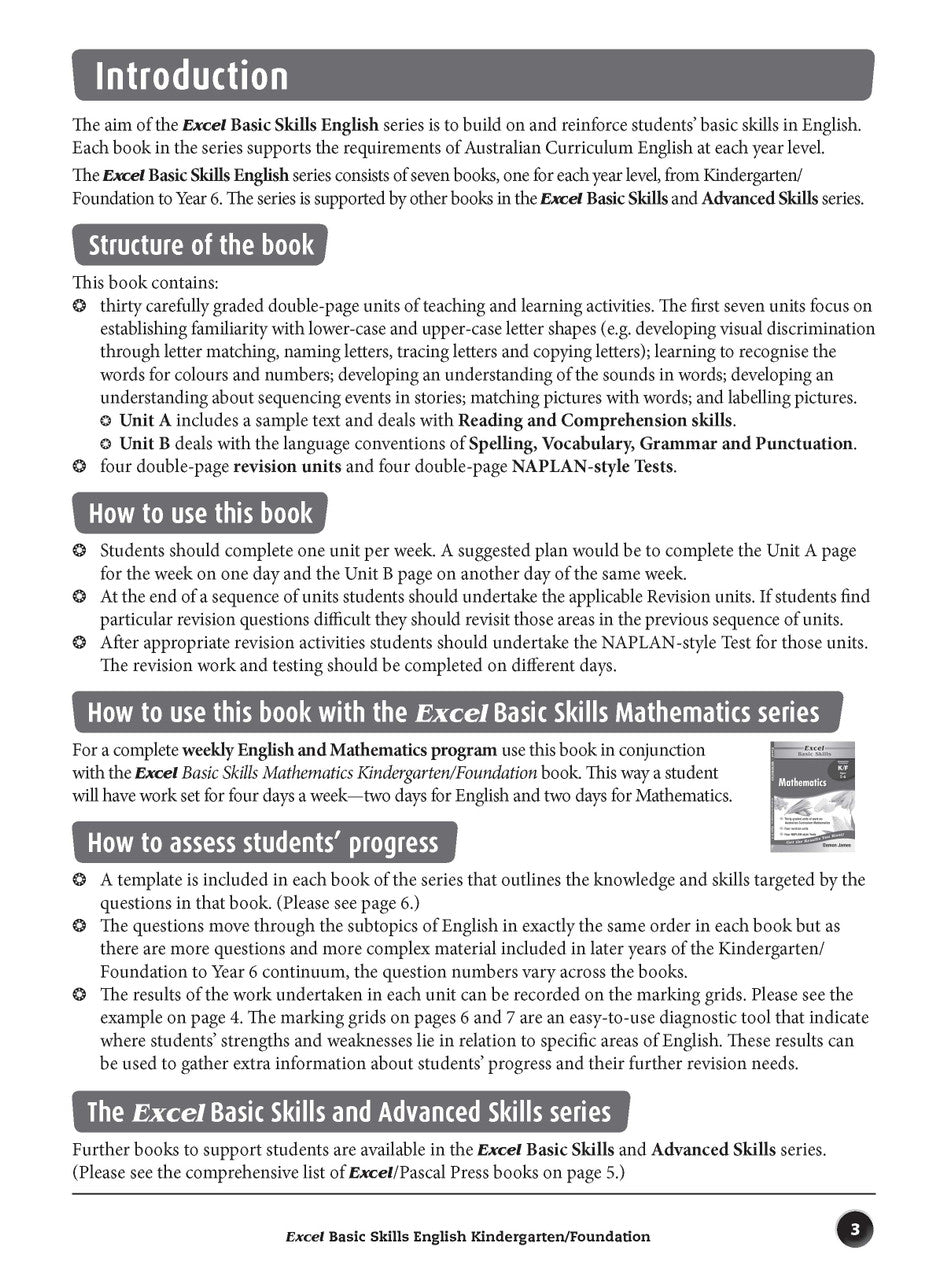 Sample inside page preview from the Excel Basic Skills English Kindergarten/Foundation workbook as shown in the publisher gallery