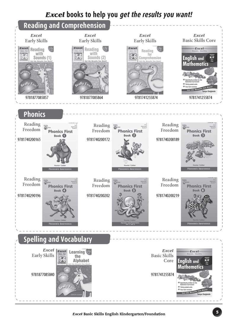 Sample inside page preview from the Excel Basic Skills English Kindergarten/Foundation workbook as shown in the publisher gallery