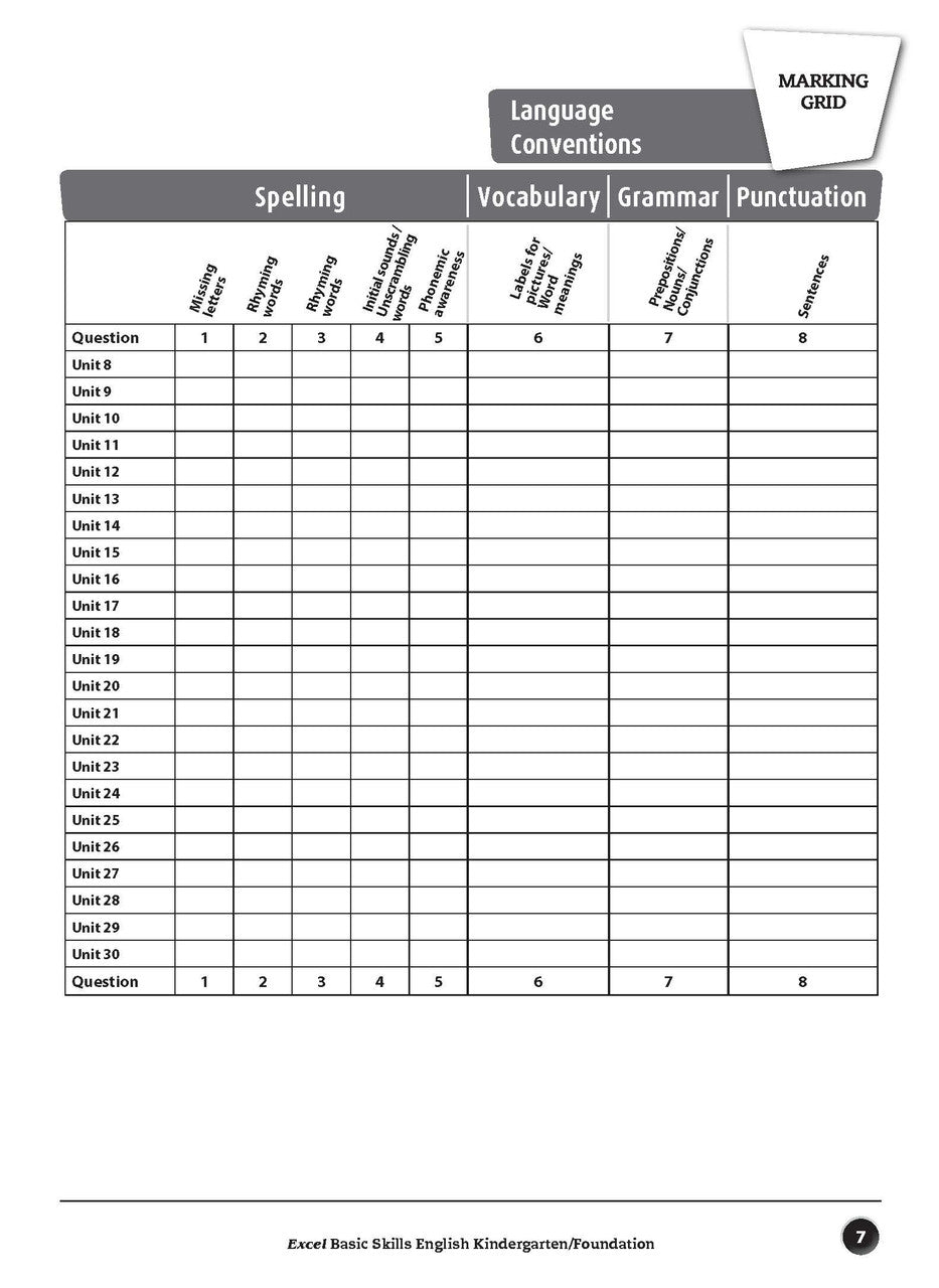 Sample inside page preview from the Excel Basic Skills English Kindergarten/Foundation workbook as shown in the publisher gallery