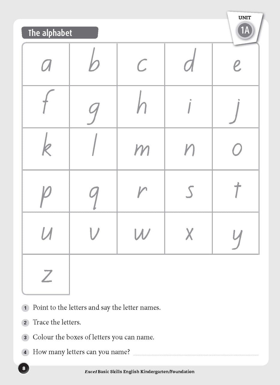 Sample inside page preview from the Excel Basic Skills English Kindergarten/Foundation workbook as shown in the publisher gallery