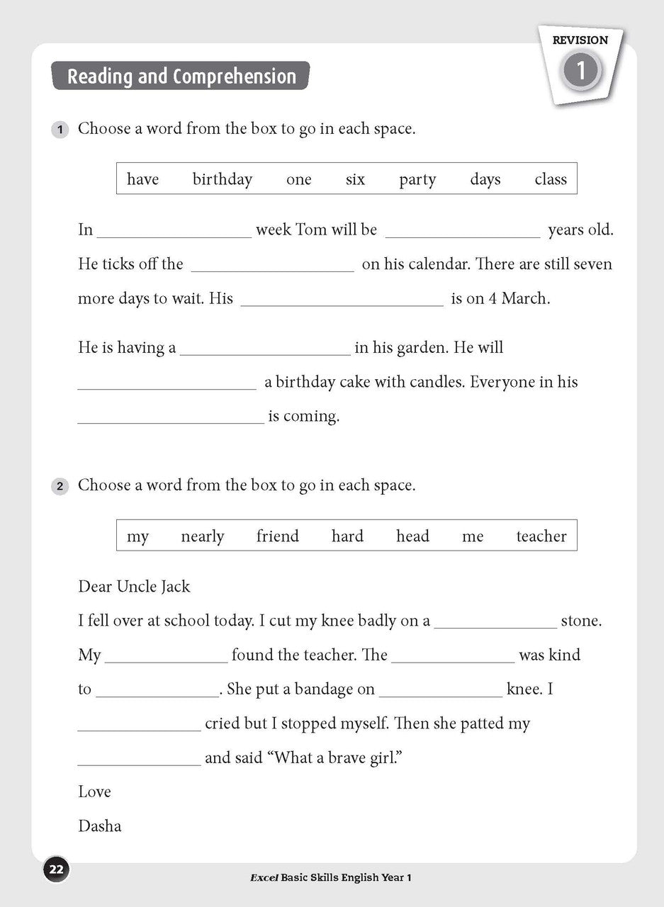 Sample inside page preview from the Excel Basic Skills English Year 1 workbook as shown in the publisher gallery