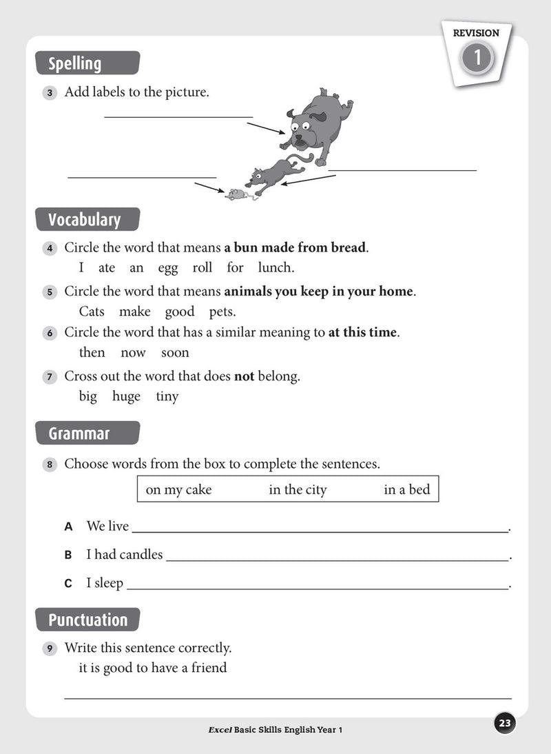 Sample inside page preview from the Excel Basic Skills English Year 1 workbook as shown in the publisher gallery