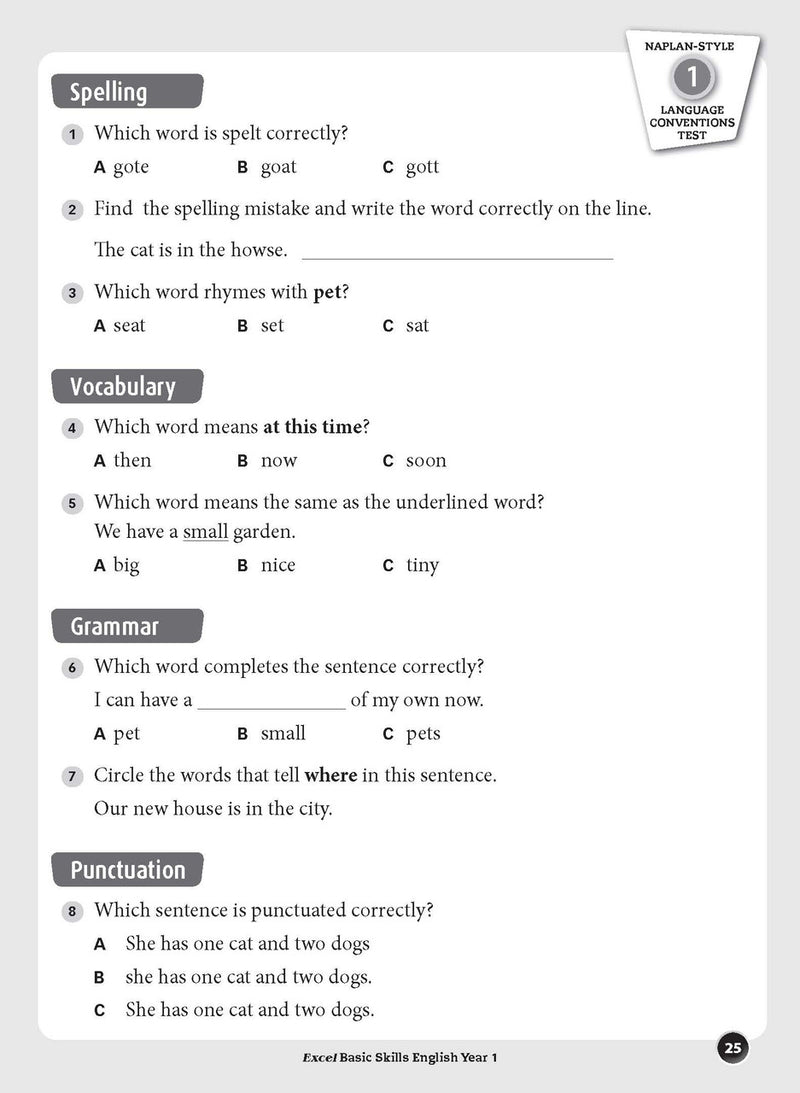 Sample inside page preview from the Excel Basic Skills English Year 1 workbook as shown in the publisher gallery