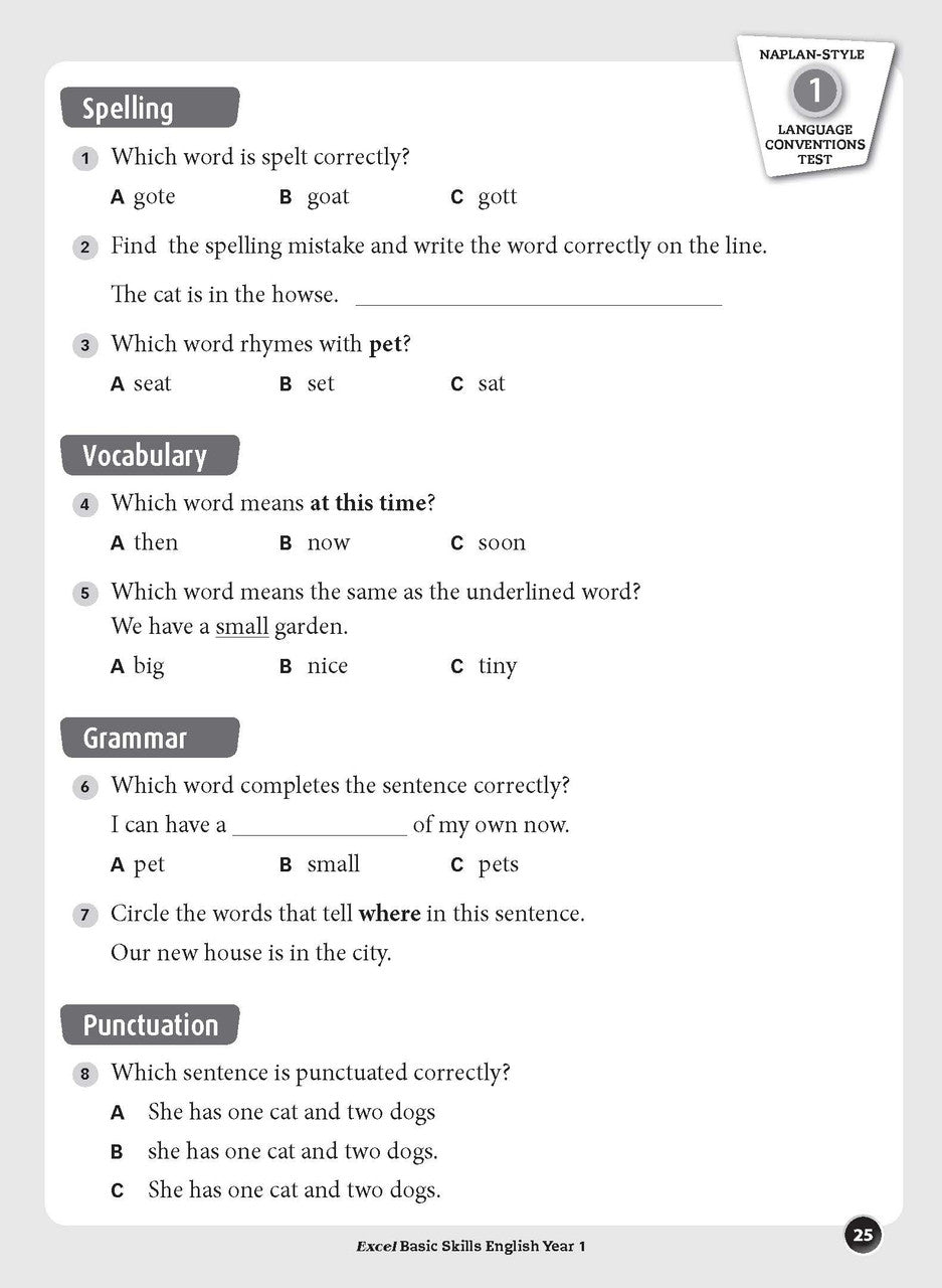 Sample inside page preview from the Excel Basic Skills English Year 1 workbook as shown in the publisher gallery