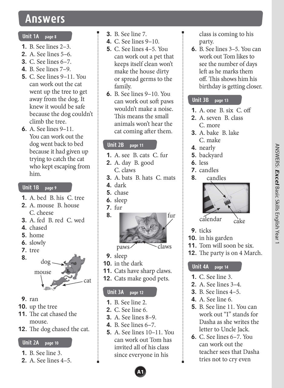 Sample inside page preview from the Excel Basic Skills English Year 1 workbook as shown in the publisher gallery