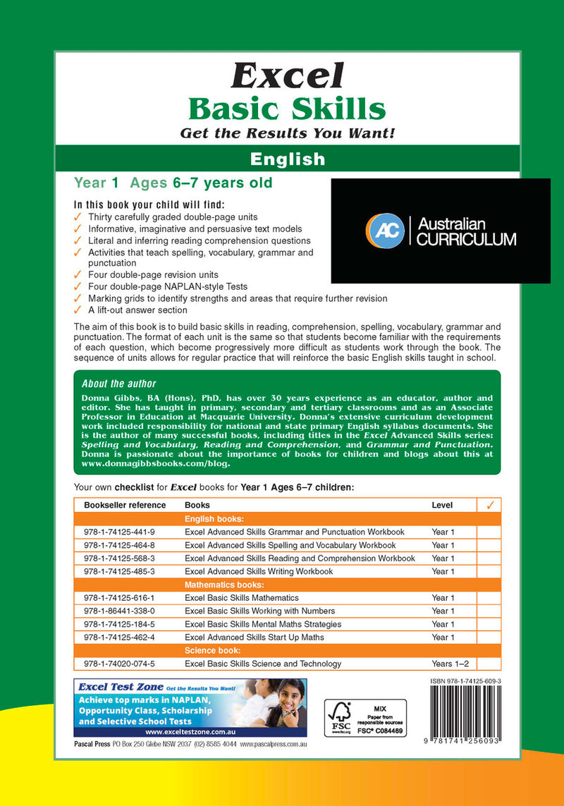 Sample inside page preview from the Excel Basic Skills English Year 1 workbook as shown in the publisher gallery