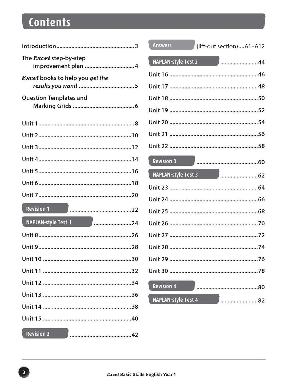 Sample inside page preview from the Excel Basic Skills English Year 1 workbook as shown in the publisher gallery