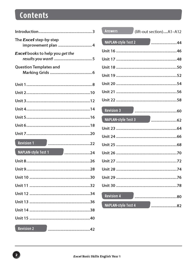 Sample inside page preview from the Excel Basic Skills English Year 1 workbook as shown in the publisher gallery