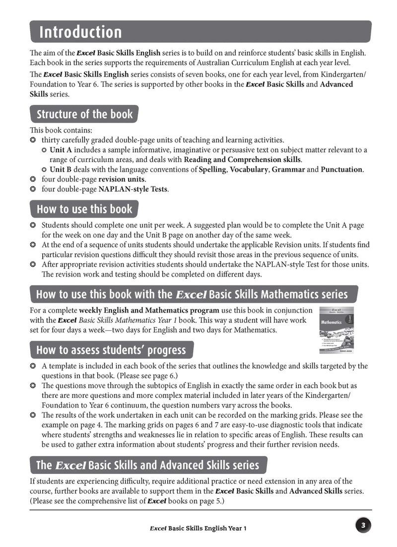 Sample inside page preview from the Excel Basic Skills English Year 1 workbook as shown in the publisher gallery