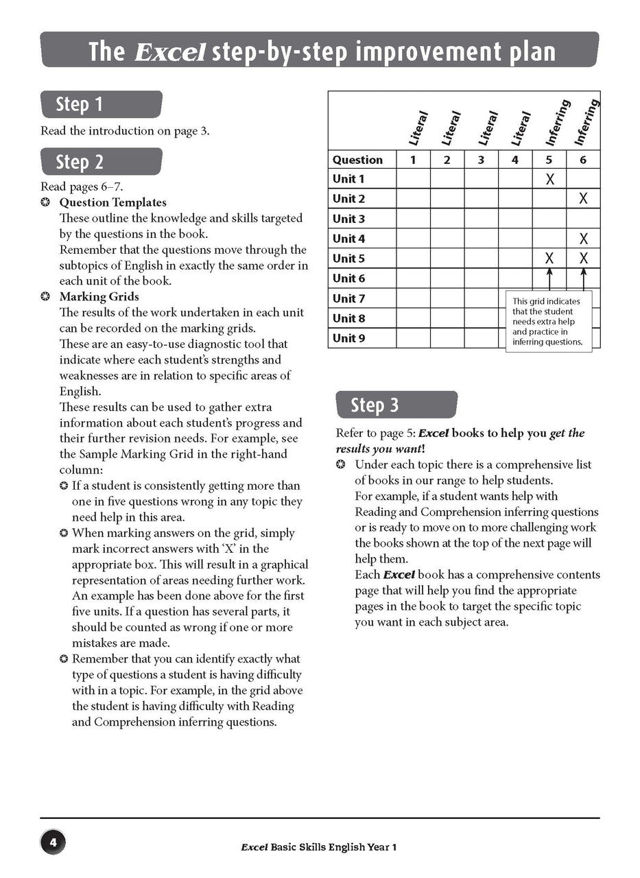 Sample inside page preview from the Excel Basic Skills English Year 1 workbook as shown in the publisher gallery