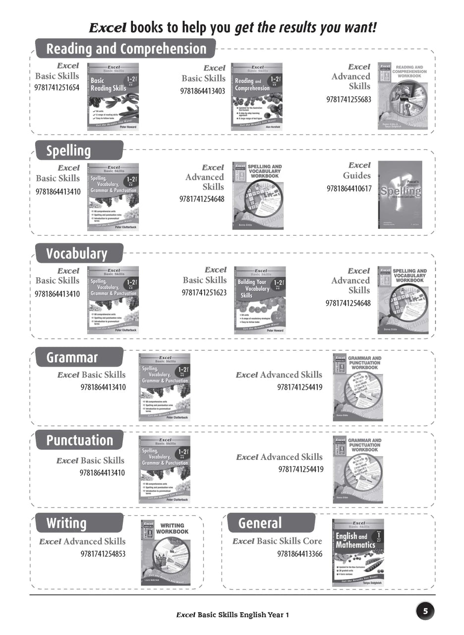 Sample inside page preview from the Excel Basic Skills English Year 1 workbook as shown in the publisher gallery