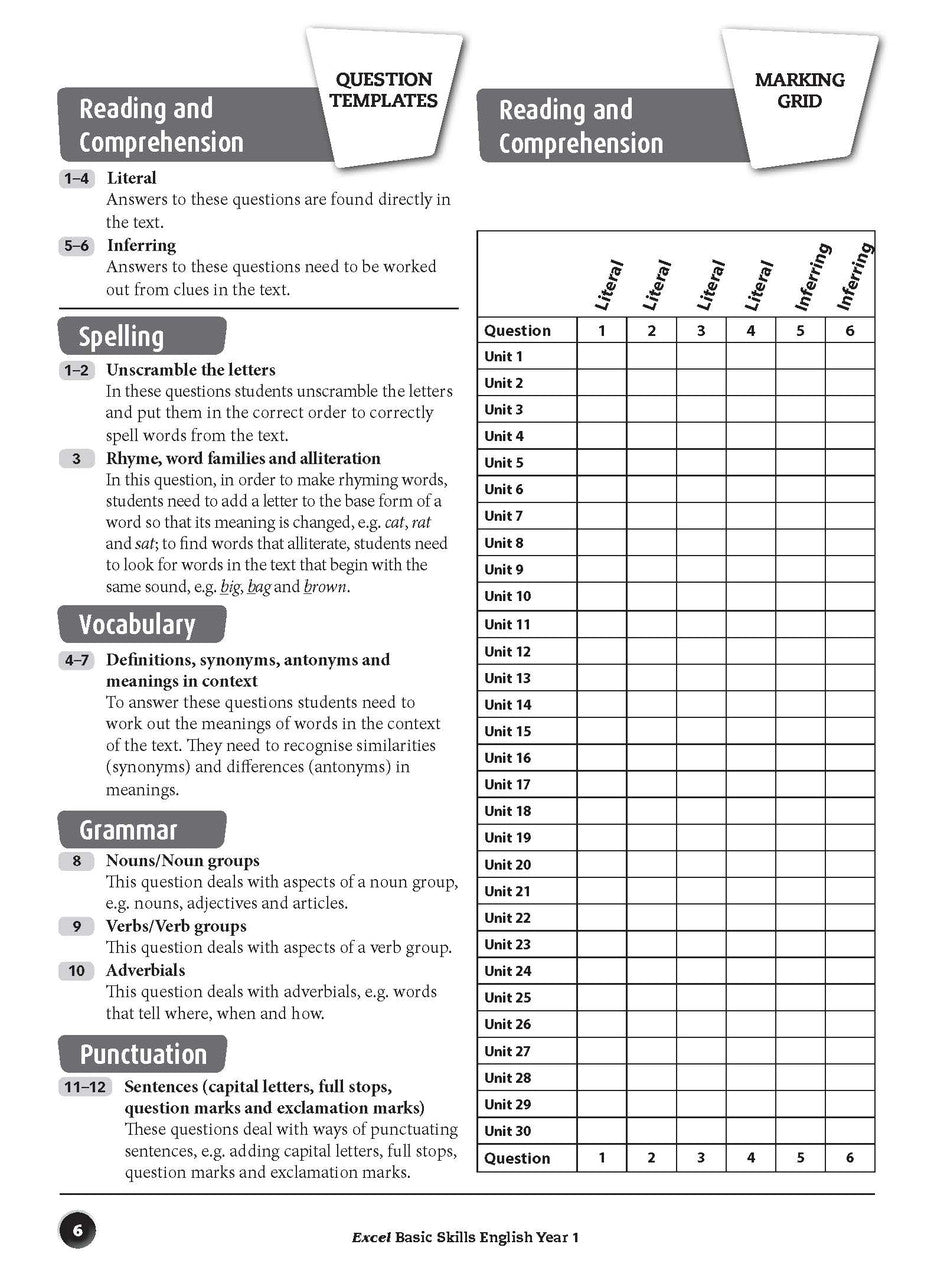 Sample inside page preview from the Excel Basic Skills English Year 1 workbook as shown in the publisher gallery