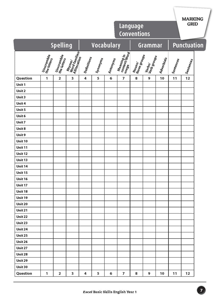 Sample inside page preview from the Excel Basic Skills English Year 1 workbook as shown in the publisher gallery