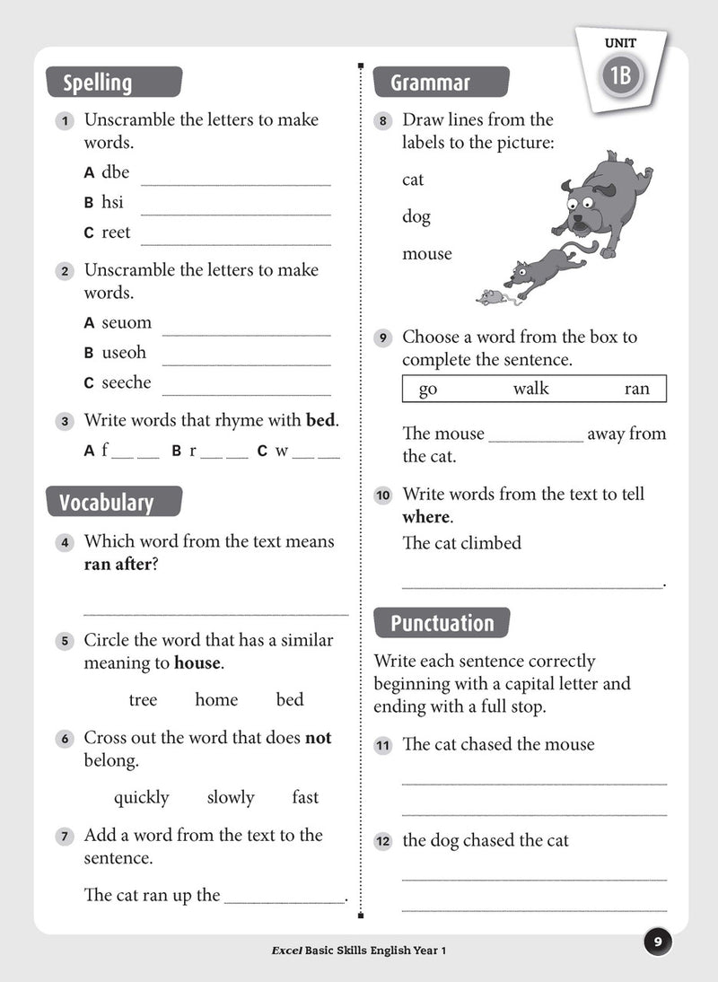 Sample inside page preview from the Excel Basic Skills English Year 1 workbook as shown in the publisher gallery