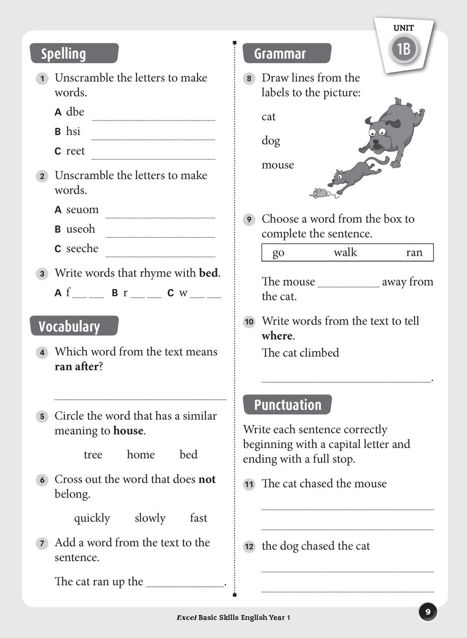 Sample inside page preview from the Excel Basic Skills English Year 1 workbook as shown in the publisher gallery