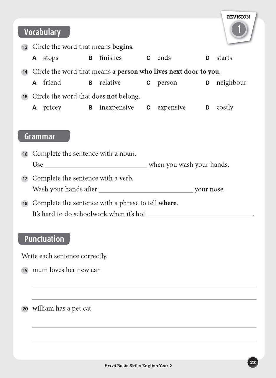Sample inside page preview from the Excel Basic Skills English Year 2 workbook as shown in the publisher gallery