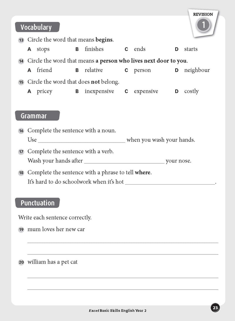 Sample inside page preview from the Excel Basic Skills English Year 2 workbook as shown in the publisher gallery