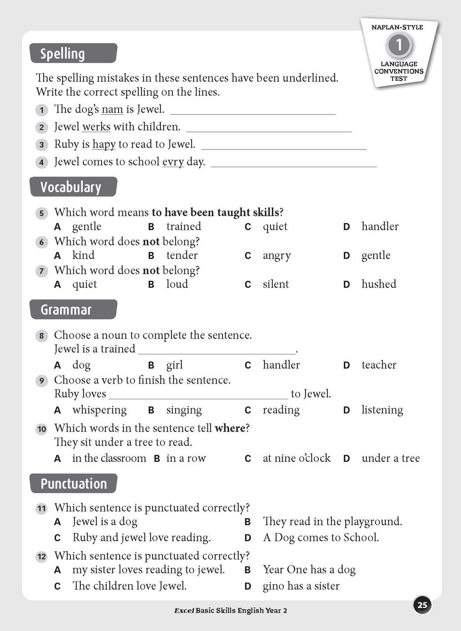 Sample inside page preview from the Excel Basic Skills English Year 2 workbook as shown in the publisher gallery