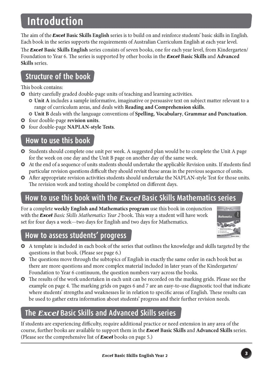 Sample inside page preview from the Excel Basic Skills English Year 2 workbook as shown in the publisher gallery