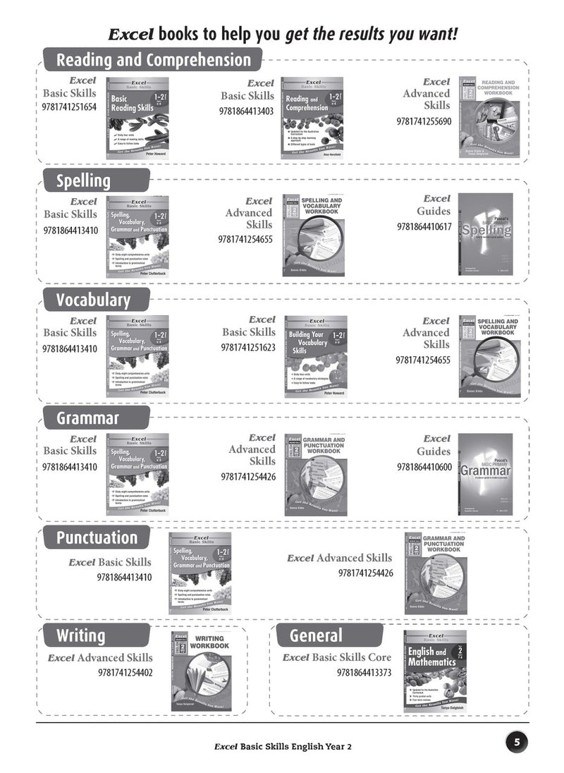 Sample inside page preview from the Excel Basic Skills English Year 2 workbook as shown in the publisher gallery