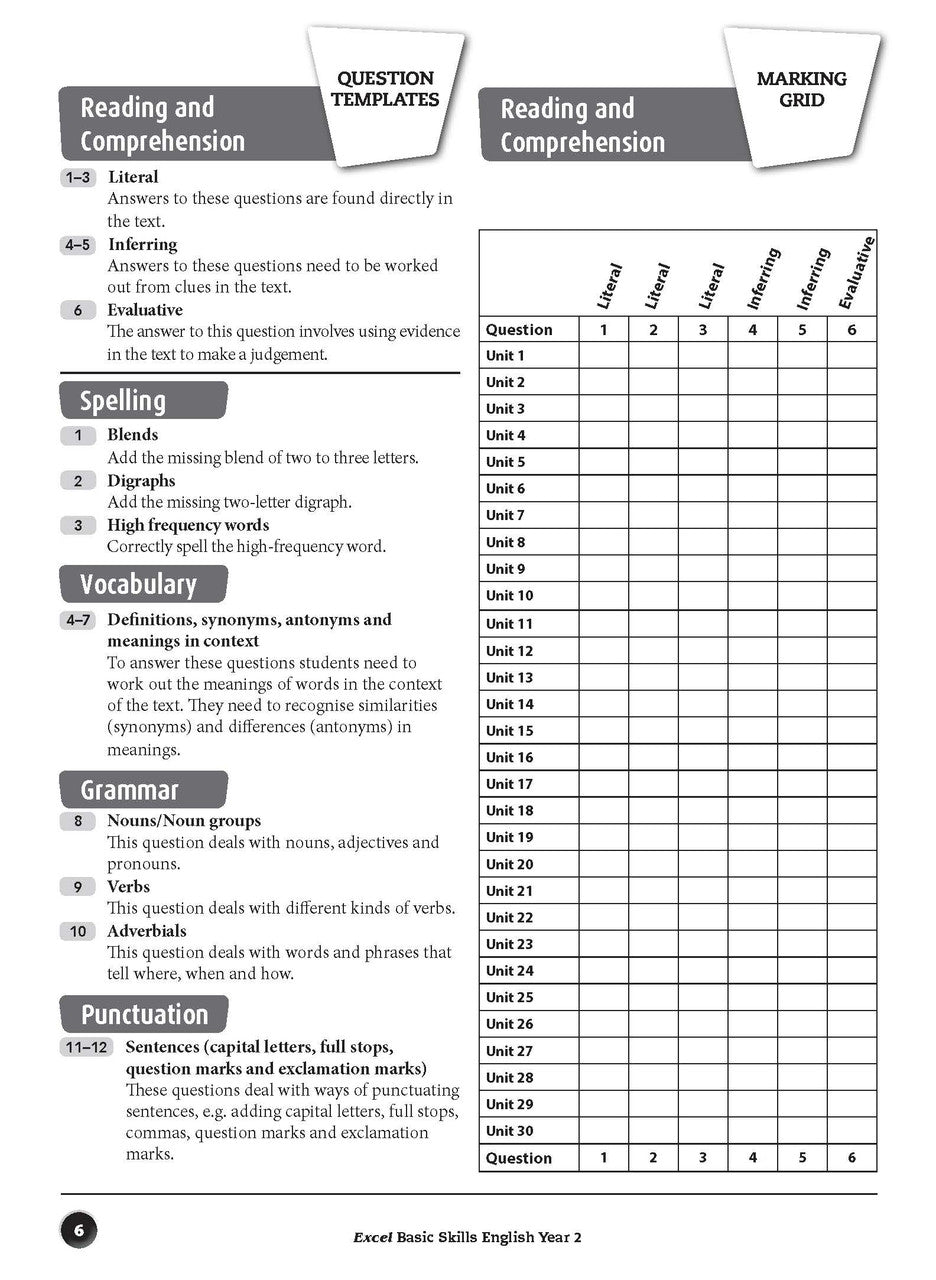 Sample inside page preview from the Excel Basic Skills English Year 2 workbook as shown in the publisher gallery
