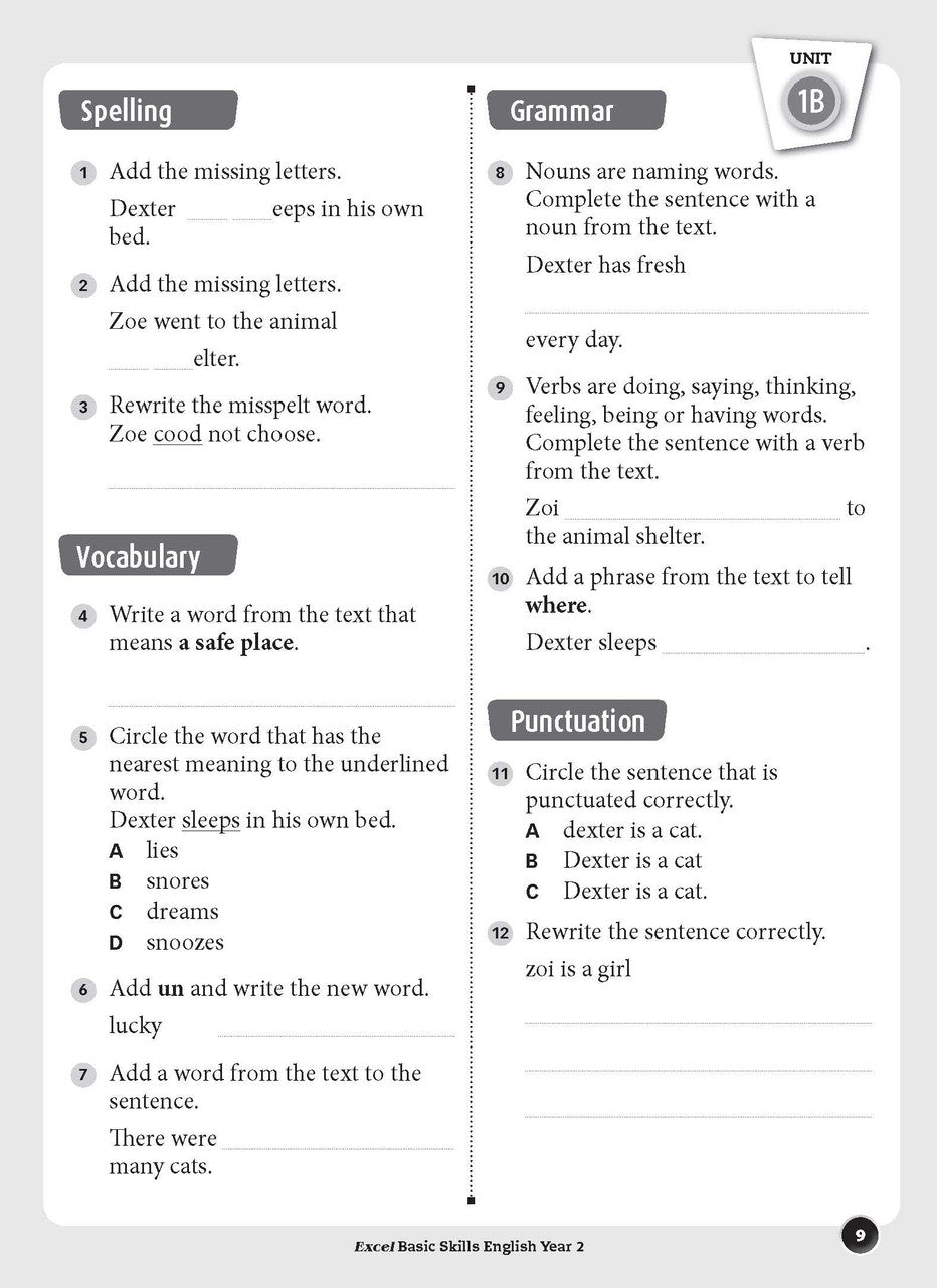 Sample inside page preview from the Excel Basic Skills English Year 2 workbook as shown in the publisher gallery