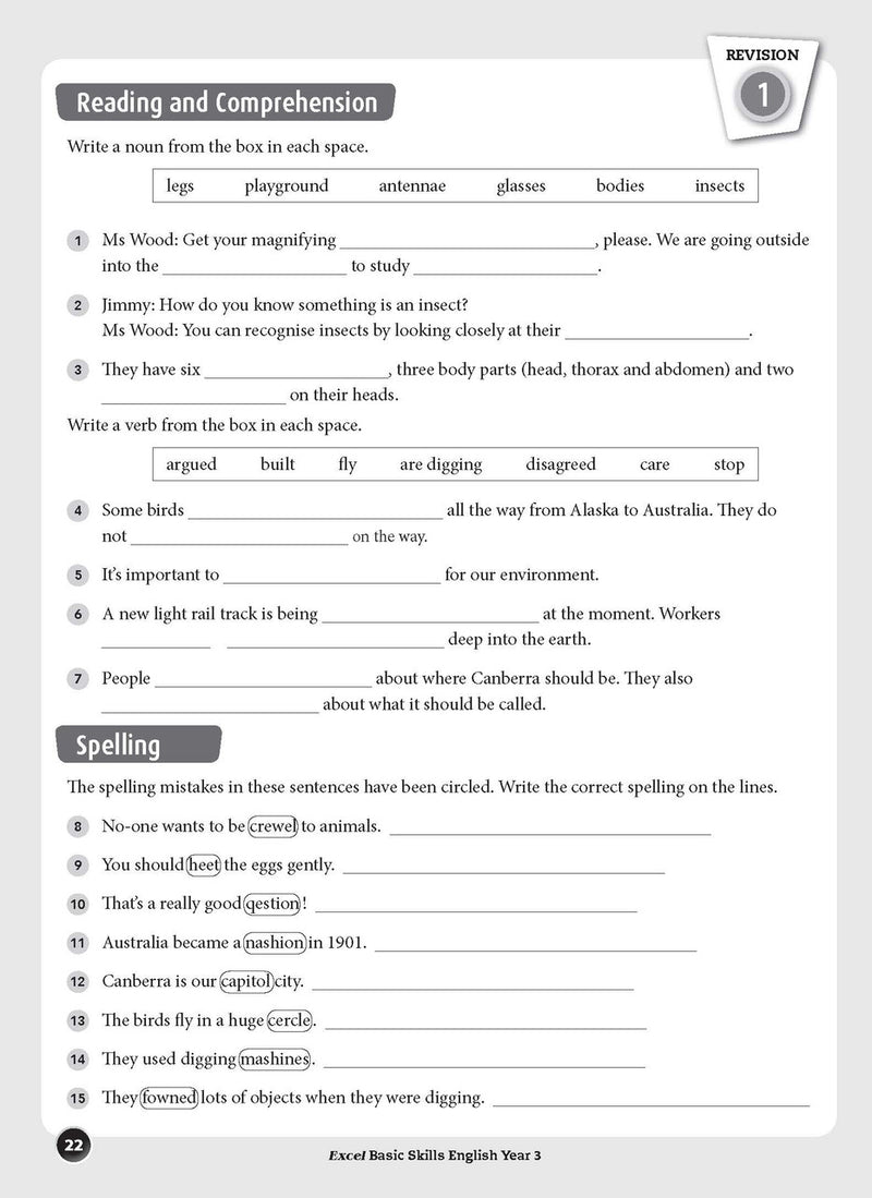 Sample inside page preview from the Excel Basic Skills English Year 3 workbook as shown in the publisher gallery