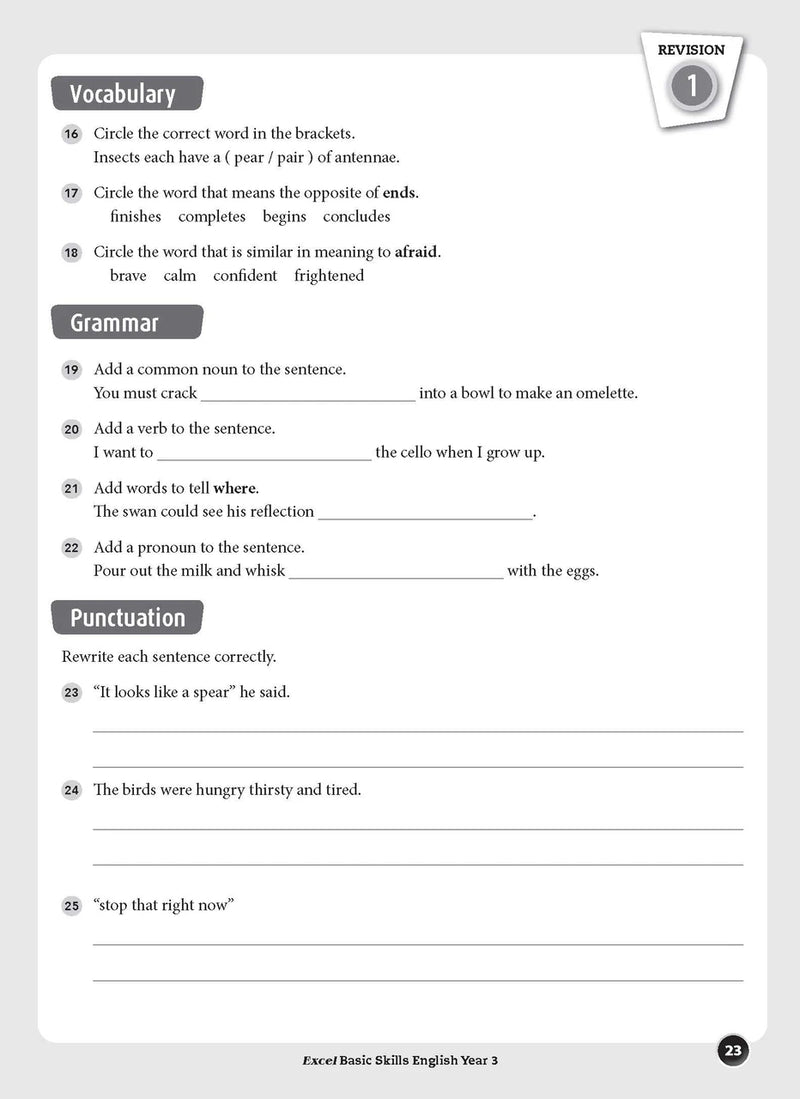 Sample inside page preview from the Excel Basic Skills English Year 3 workbook as shown in the publisher gallery