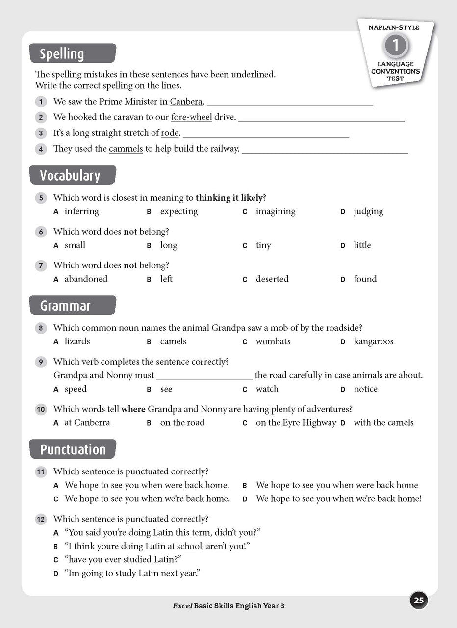 Sample inside page preview from the Excel Basic Skills English Year 3 workbook as shown in the publisher gallery