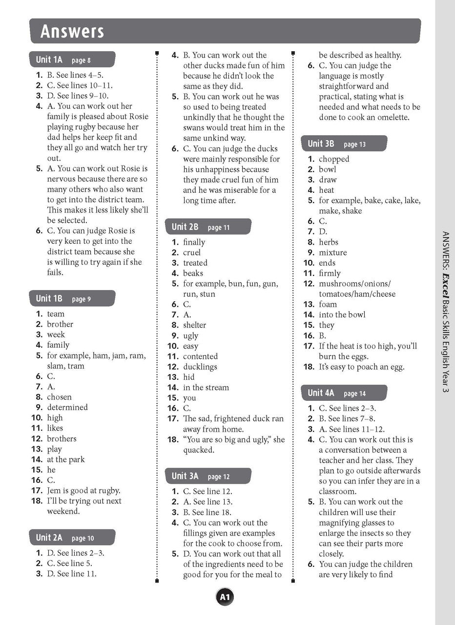 Sample inside page preview from the Excel Basic Skills English Year 3 workbook as shown in the publisher gallery