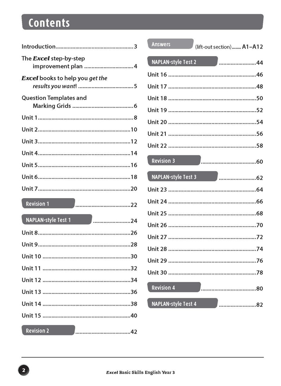 Sample inside page preview from the Excel Basic Skills English Year 3 workbook as shown in the publisher gallery