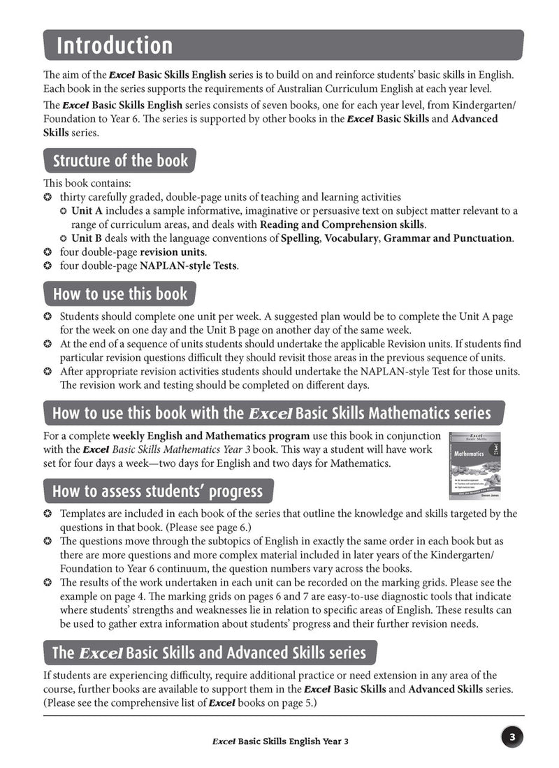 Sample inside page preview from the Excel Basic Skills English Year 3 workbook as shown in the publisher gallery