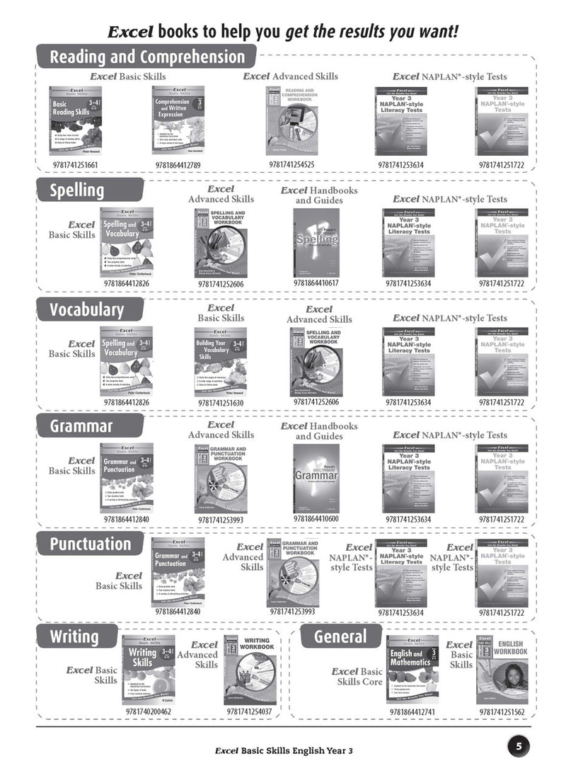 Sample inside page preview from the Excel Basic Skills English Year 3 workbook as shown in the publisher gallery