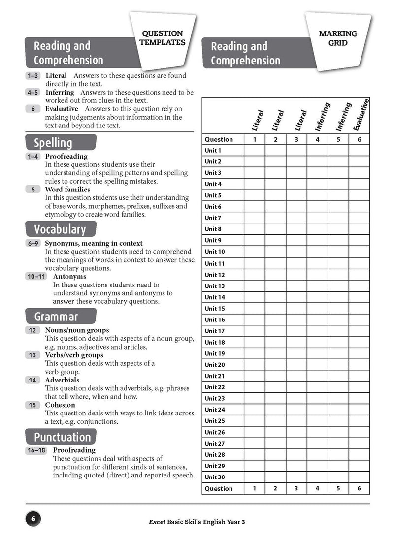 Sample inside page preview from the Excel Basic Skills English Year 3 workbook as shown in the publisher gallery