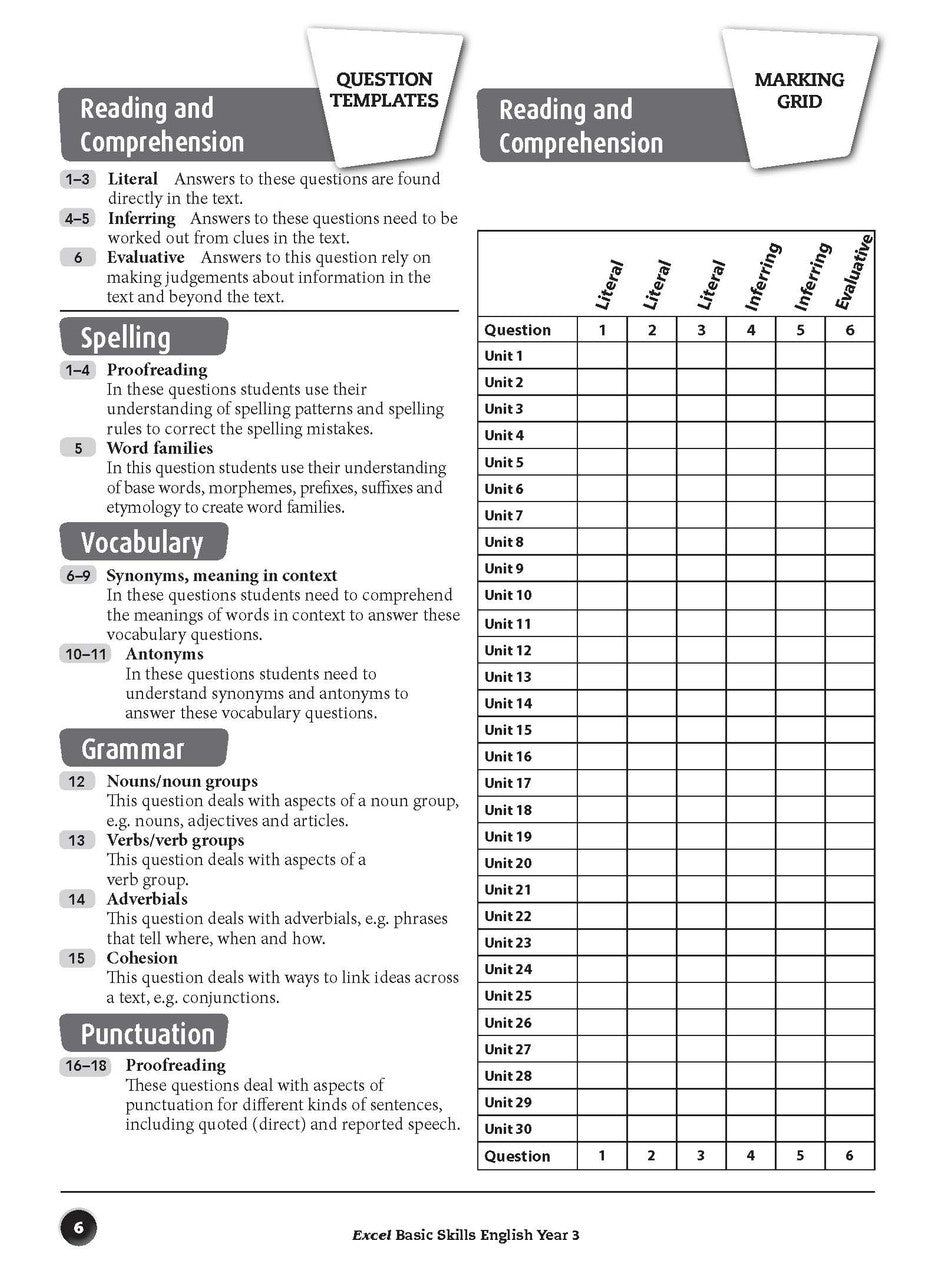 Sample inside page preview from the Excel Basic Skills English Year 3 workbook as shown in the publisher gallery