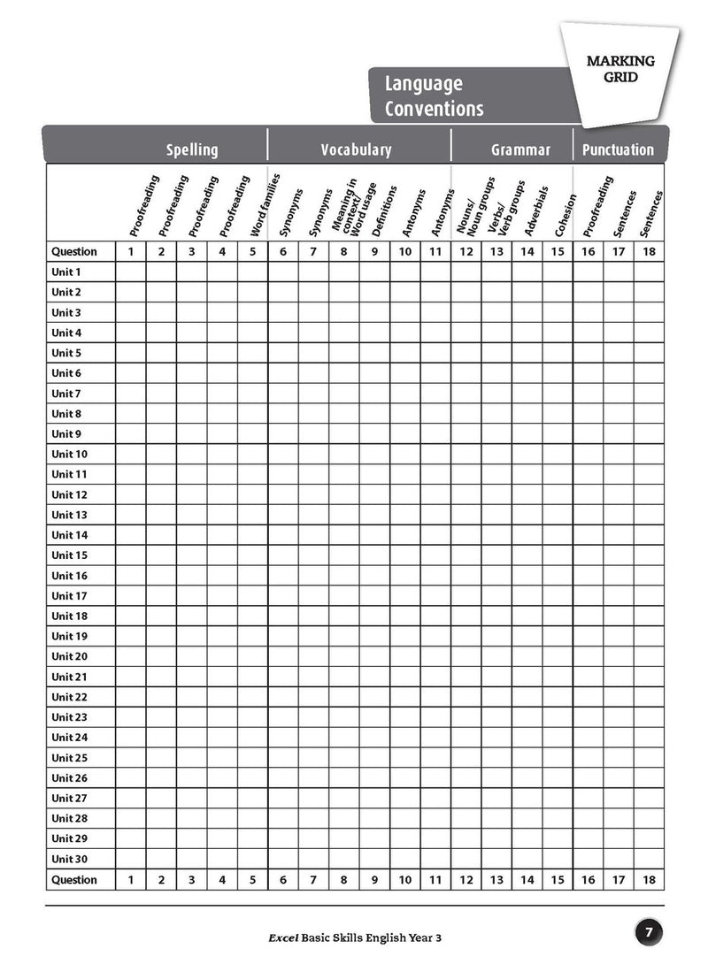 Sample inside page preview from the Excel Basic Skills English Year 3 workbook as shown in the publisher gallery