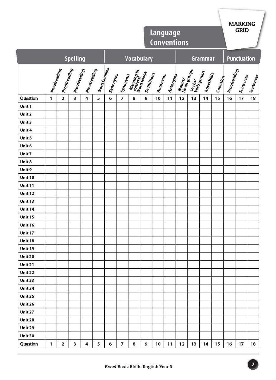 Sample inside page preview from the Excel Basic Skills English Year 3 workbook as shown in the publisher gallery