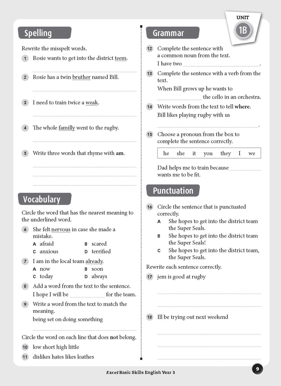 Sample inside page preview from the Excel Basic Skills English Year 3 workbook as shown in the publisher gallery
