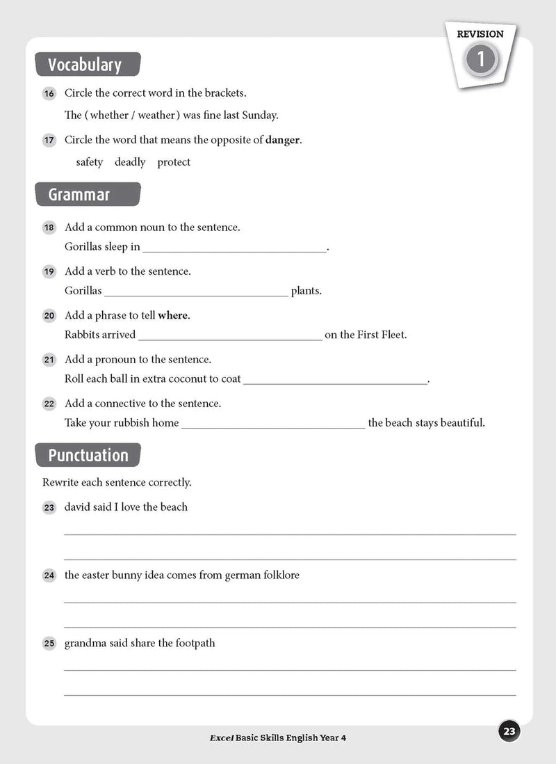Sample interior page from the Excel Basic Skills English Year 4 workbook, showing example activities as displayed in the publisher gallery