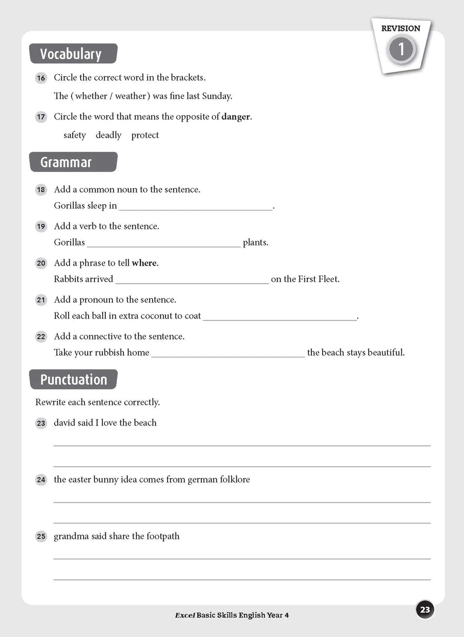 Sample interior page from the Excel Basic Skills English Year 4 workbook, showing example activities as displayed in the publisher gallery