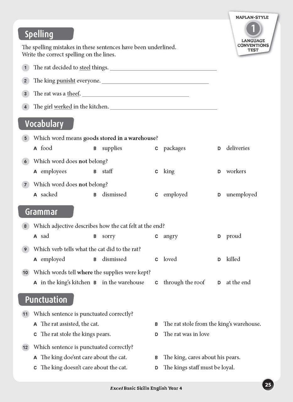 Sample interior page from the Excel Basic Skills English Year 4 workbook, showing example activities as displayed in the publisher gallery