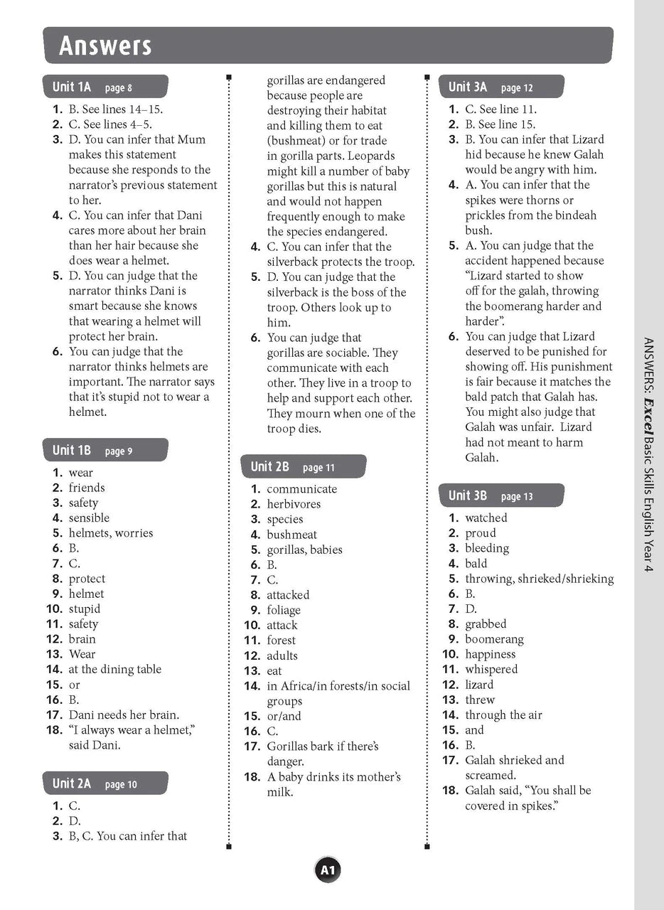 Sample interior page from the Excel Basic Skills English Year 4 workbook, showing example activities as displayed in the publisher gallery