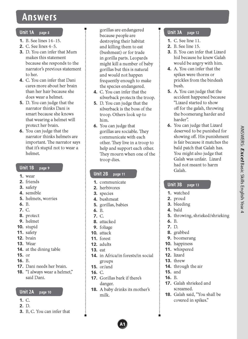 Sample interior page from the Excel Basic Skills English Year 4 workbook, showing example activities as displayed in the publisher gallery
