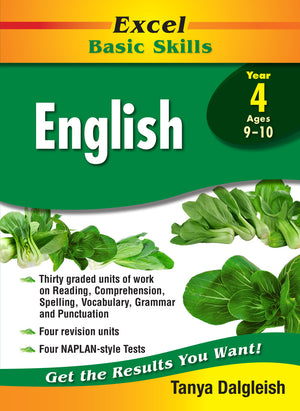 Front cover of the Excel Basic Skills English Year 4 workbook from Pascal Press, the main product image