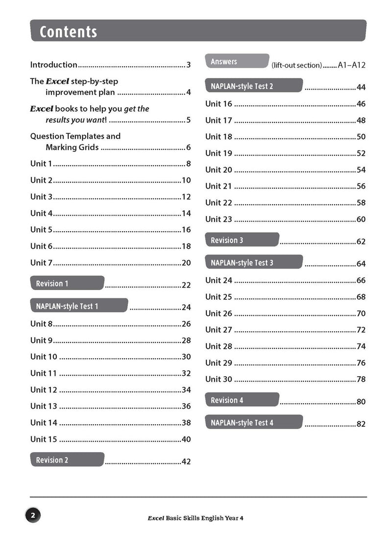 Sample interior page from the Excel Basic Skills English Year 4 workbook, showing example activities as displayed in the publisher gallery