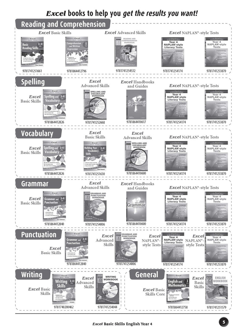 Sample interior page from the Excel Basic Skills English Year 4 workbook, showing example activities as displayed in the publisher gallery