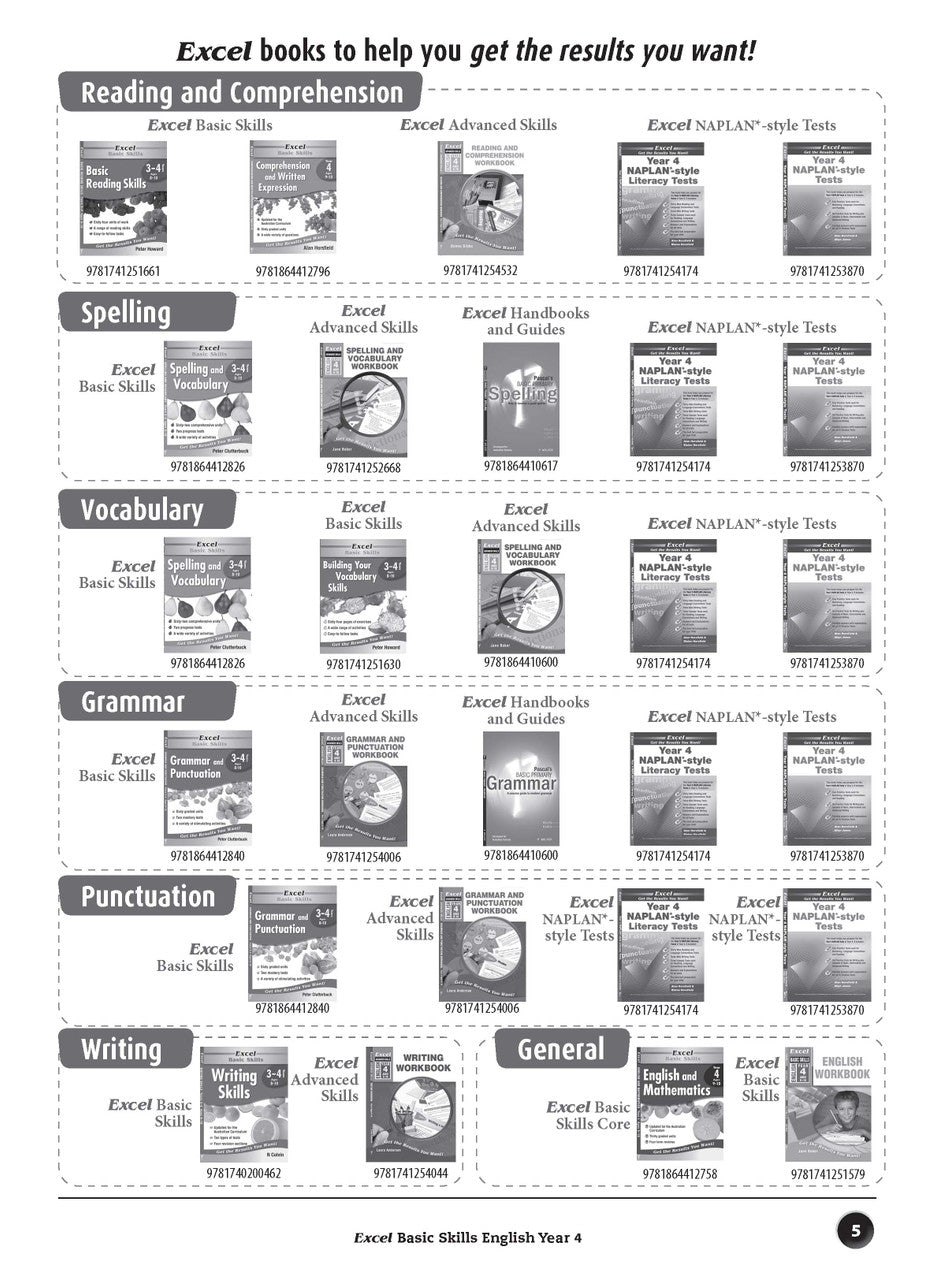 Sample interior page from the Excel Basic Skills English Year 4 workbook, showing example activities as displayed in the publisher gallery