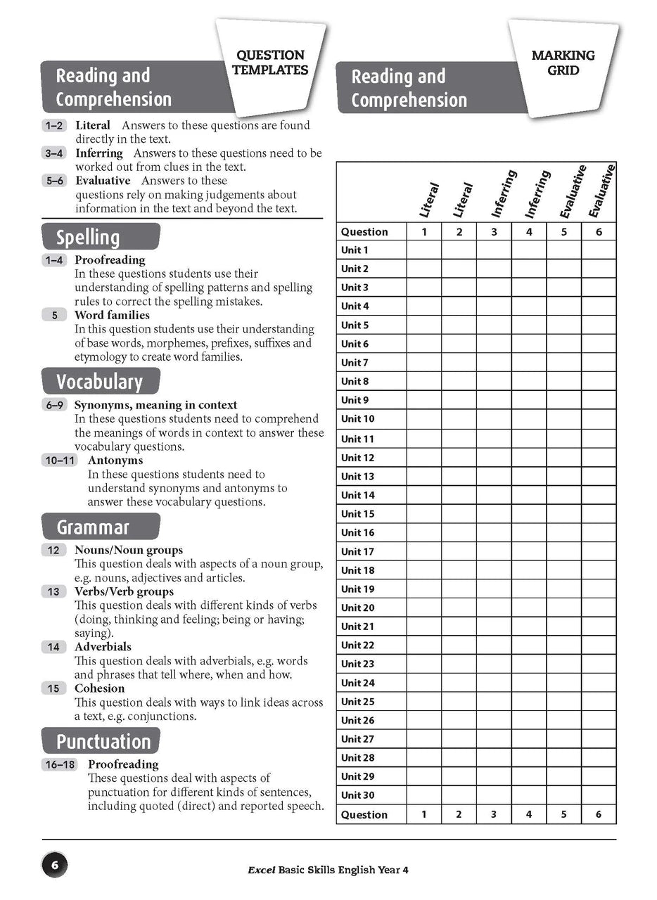 Sample interior page from the Excel Basic Skills English Year 4 workbook, showing example activities as displayed in the publisher gallery